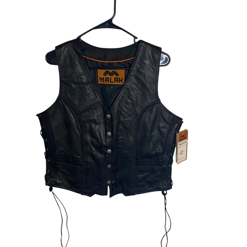 Malah Womens Black Leather Motorcycle Gun Vest‎ Braided Front/Back Side Laces Lg